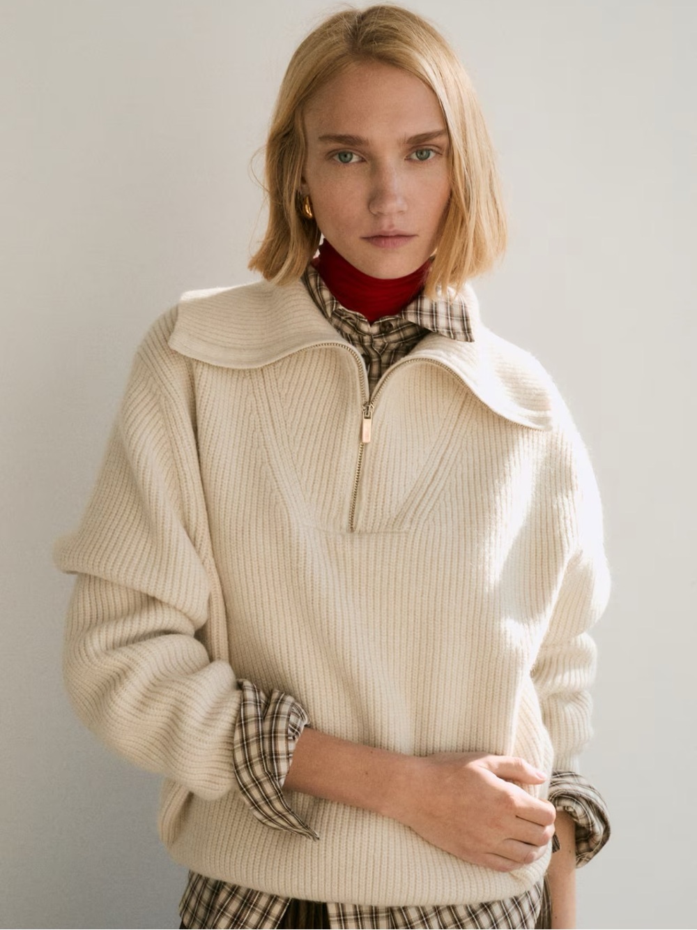 H&M Rib Knit Half Zip Sweater Cream M